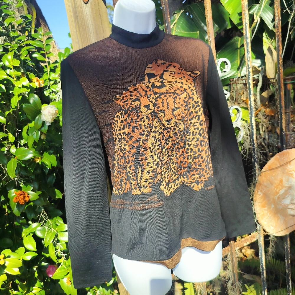 ST JOHN Vintage 90's Cropped Leopard Knit Turtleneck S/M